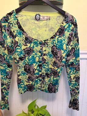 XXI Floral Cardigan Sweater With Teal Buttons Small Long Sleeve Small